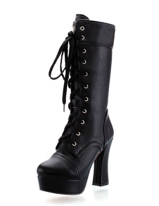 Black des femmes bottes plateforme haut talon lacets bottes d’hiver