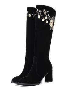 Noir, bottes Knee High talon Chunky brodé hautes bottes Suede talons hauts hiver bottes femmes avec 