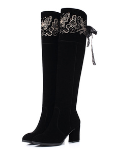 Daim haute de genou Bottes noir talon Chunky hautes bottes femmes brodée Round Toe bottes d’hiver av