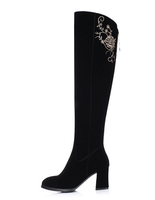 Daim bottes genou haut talons hauts, bottes d’hiver noires talon Chunky à capuche brodé hautes botte