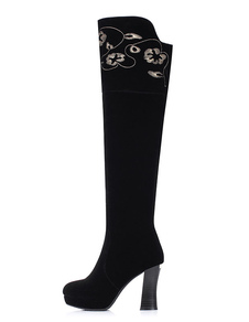 Knee High bottes noir haut talon bottes en daim brodée de bottes d’hiver Chunky Heel plate-forme