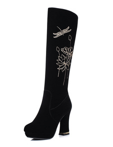 Noir hautes bottes à talons hauts, bottes Knee High Suede plate-forme brodé Chunky talon bottes d’hi