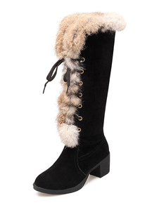 Black Snow Boots daim bottes Knee High Chunky Heel Lace Up bottes de fourrure pour femmes