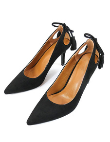 Talons hauts noir Suede a souligné Toe découpe talon aiguille glisser sur les pompes avec des glands