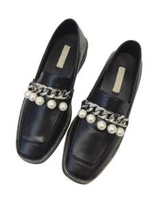 Mocassins Square Toe chaînes de perles féminin noir détaillent Slip sur chaussures plates