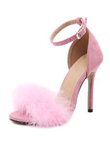 Robe rose sandales à talons hauts fourrure détail cheville sangle talon aiguille sandales en daim