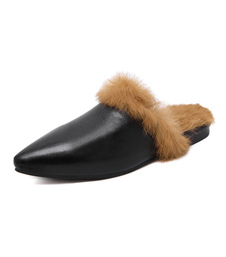 Plat noir chaussures bout pointu PU fourrure détail Backless Mules pour femmes