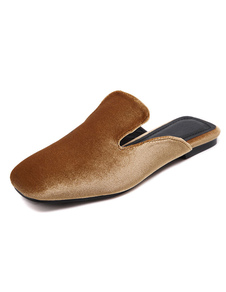 Carré de velours brun plat chaussures Toe Backless Mules pour femmes