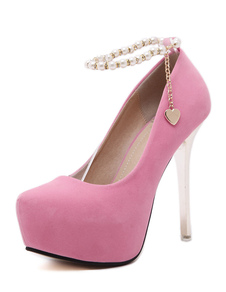 Plate-forme rose pompes talon haut rond perles cheville sangle Stiletto talon chaussures pour femmes