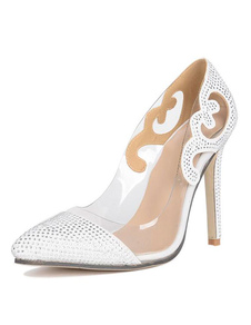Talons hauts blanc bout pointu strass Slip sur pompes chaussures pour femmes