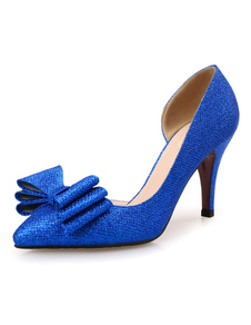 Chaussures bleu pompes a souligné Toe High Heels Slip à la main sur chaussures de soirée avec Bow