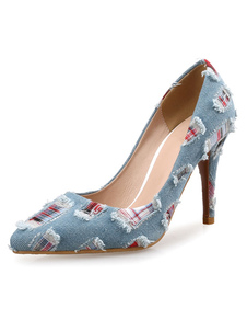 Talons bout pointu bleu clair Denim femmes patché feuillet sur les pompes