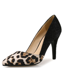 Léopard bout pointu talons hauts noir imprimé Slip talon aiguille sur les pompes