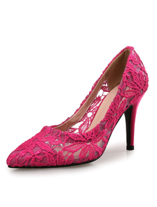 Rose rouge dentelle mariage chaussures haut talon féminin a souligné Toe Slip sur pompes nuptiales