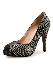 Peep Toe pompes Suede haut talon or rayé feuillet sur les chaussures pour femmes