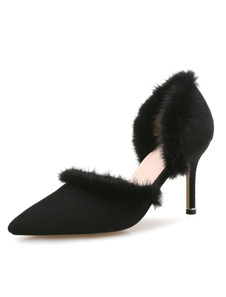 Talons hauts noir bout pointu fausse fourrure détail talon aiguille glisser sur les pompes