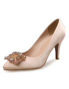 Rhinestone Satin bout pointu talons hauts abricot perlé feuillet sur les pompes