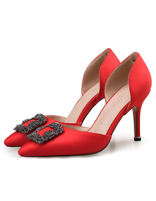Strass féminin de Satin bout pointu talons hauts rouge perles feuillet sur les pompes