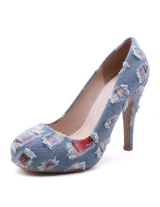 Plate-forme pompes talon haut lumière bleu Denim femmes patché Round Toe Slip sur plates-formes