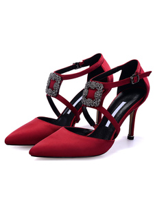 Talons hauts Bourgogne Satin a souligné Toe Rhinestone détail Criss Cross talon aiguille pompes