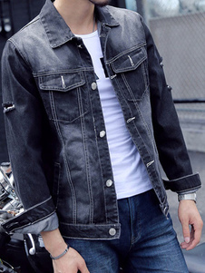 Denim noir veste col Turndown manches longues imprimé veste courte pour les hommes