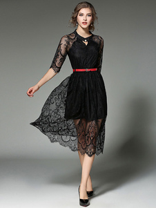 Dentelle noire Robe col rond demi manche Slim Fit Long avec ceinture