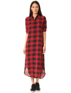Turndown Collar manches longues chemise à carreaux robe Bourgogne robe Maxi féminin