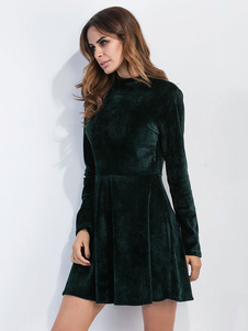 Skater vert robe velours autour de cou manches longues dos nu évasé plis robe