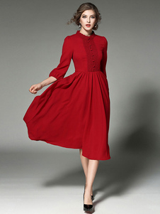 Skater Bourgogne robe mousseline de soie rond Manche 3/4 longueur manche plissé robe longue