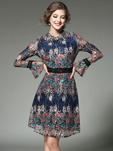 Robe patineuse dentelle ronde cou Bell manches longues imprimé robe Slim Fit Flare