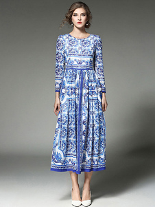 Bleu Maxi robe en mousseline de soie col rond manches longues plissé robe longue imprimée