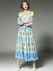 Bleu de mousseline de soie robe Maxi tour de cou à manches longues imprimé plissé robe longue pour l