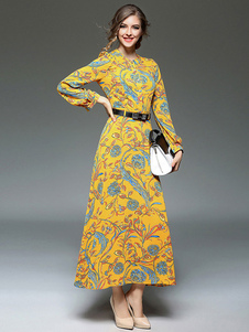Mousseline de soie Maxi robe jaune col rond manches longues imprimé robe longue avec ceinture
