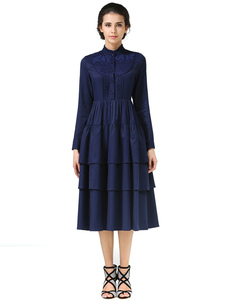 Skater Vintage robe bleu profond à paliers volants Stand col manches longues thé longueur robe en mo