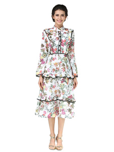 Skater blanc robe volants manches longues imprimé Floral taille haute Vintage robe en mousseline de 