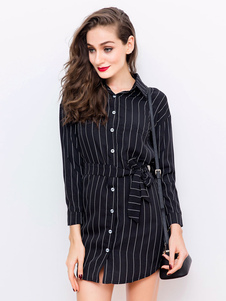 Maj noir bande verticale bouton manches longues chemise robe avec ceinture