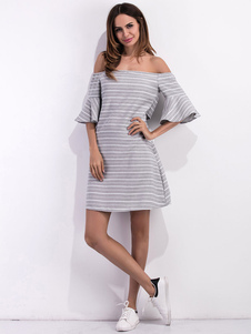 Robe rayée au large de l’épaule évasé manches coton robe courte