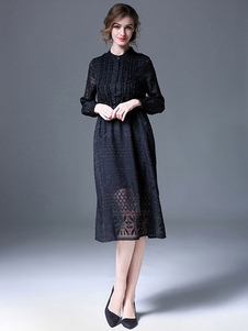 Patineuse noire robe dentelle Jacquard manches longues Stand collier Vintage robe