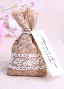 Organza sac dentelle de lin brun foncé détail Tag Lace Up petit cadeau sac