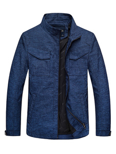 Veste d’hiver bleu col montant manches longues fermeture éclair coton veste pour hommes