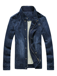 Stand col manches longues Zip Bleu Denim veste masculine Up coton veste d’hiver