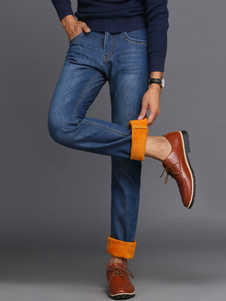 Jeans en Denim doublé bleu pantalon Long de la jambe droite masculine