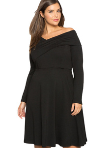 Noir Plus V de taille robe manches longues femmes cou une robe Oversize Skater de ligne Flare