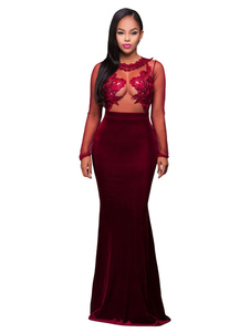 Illusion manches longues dentelle Patchwork Bourgogne robe Bodycon féminin rond col étage longueur r