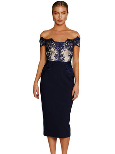 Robe Bodycon féminines hors la dentelle épaule imprimé robe fourreau fente dos marine foncé