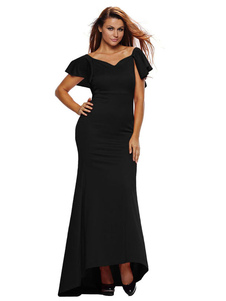 Robe Maxi noire volant V cou manches courtes dos nu élevé faible robe de soirée