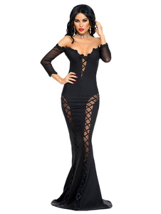 Sexy robe Maxi noire au large de l’épaule manches longues découpe robe de soirée sirène