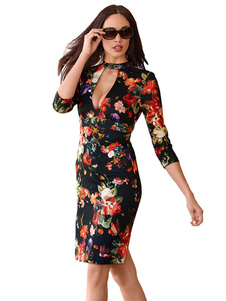 Robe Bodycon noire col 3/4 longueur manches Découpez Floral imprimé robe fourreau Fit Slim