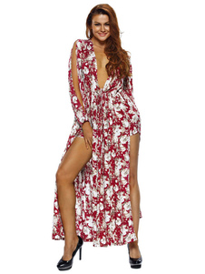 Floral robe Maxi jupes-shorts rouge plongeant manches longues bras ouvert Split haute longue robe fe