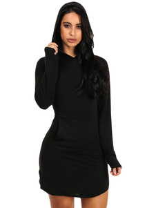 Robe Bodycon noire capuche manches longues Slim Fit Flare robe avec poche